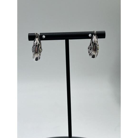 Vintage Sterling Silver Open Cutout Floral Filigree Scrolling Hoop Earrings - Picture 6 of 13